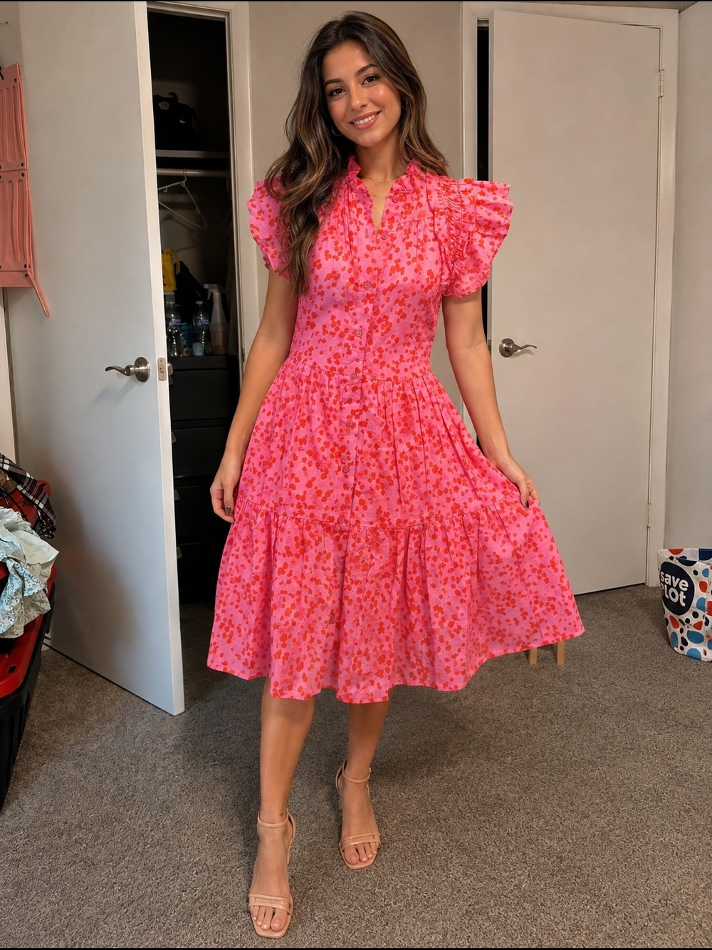 Bright Pink Floral Puff-Sleeve Tiered Midi Dress